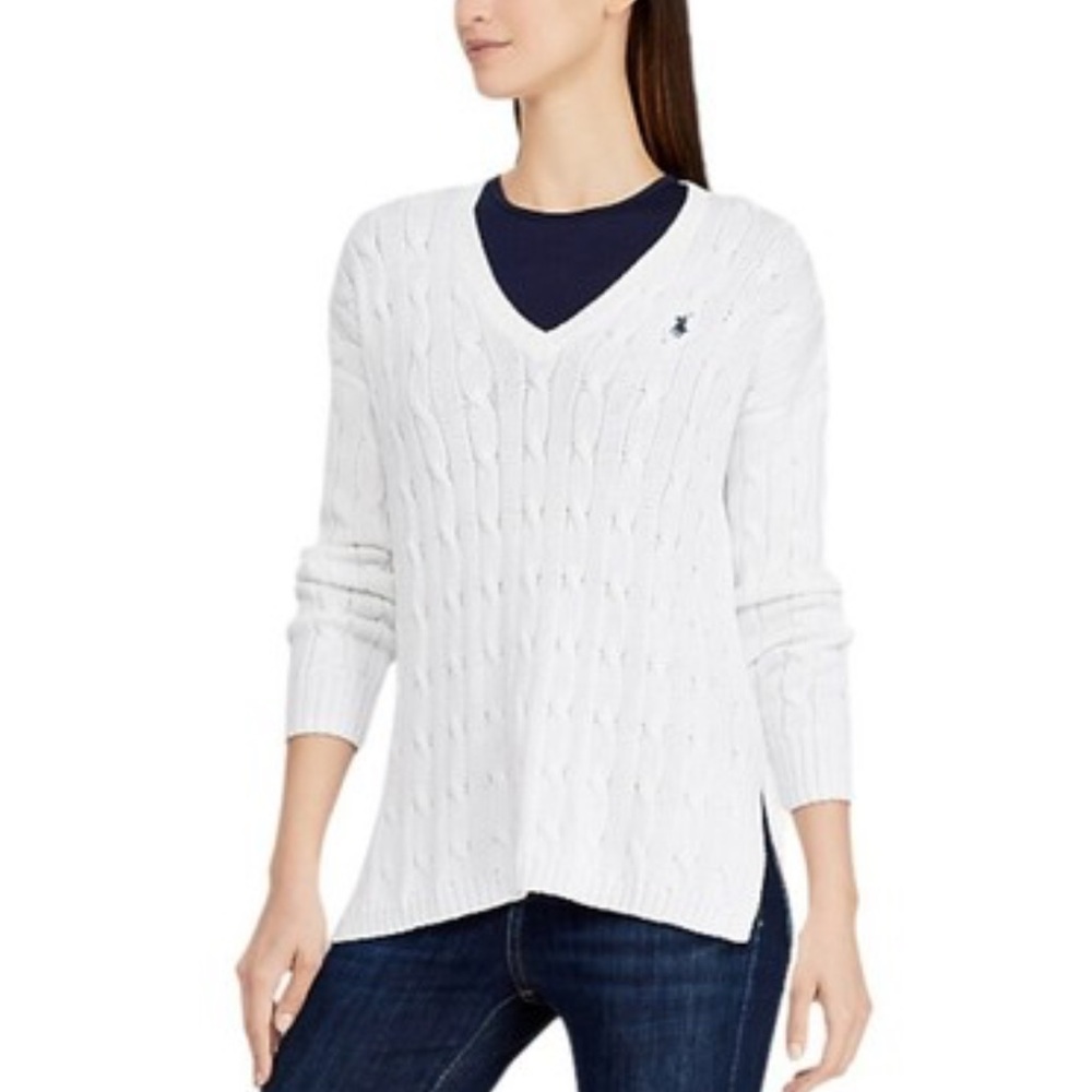 Ralph Lauren White Cable-Knit V-Neck Sweater
